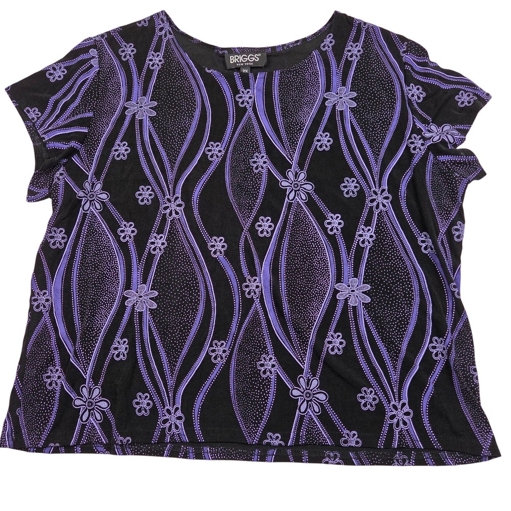 Briggs New York Top Black Purple Floral Wavy Print Short Cap Sleeve Womens 2X
